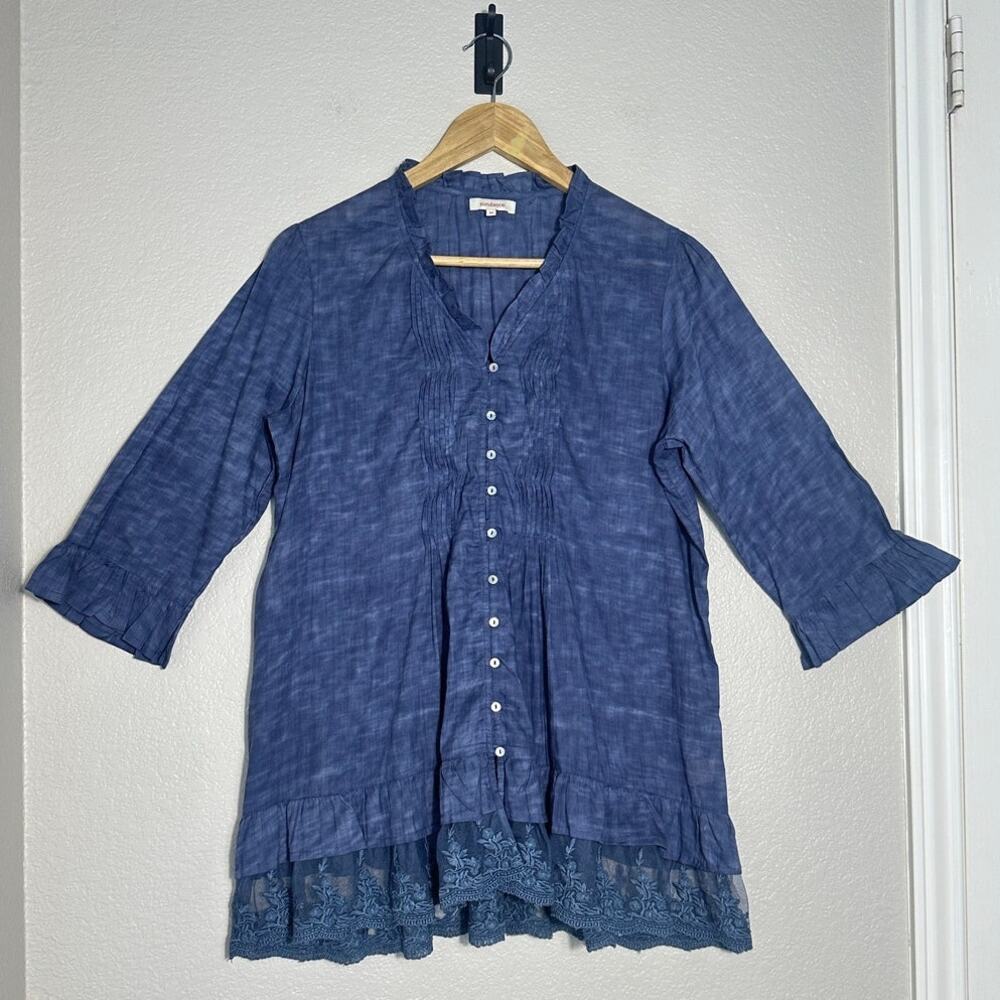 Sundance Blue Button Up Lace Trim Top Boho Lightweight Coastal Artsy Medium